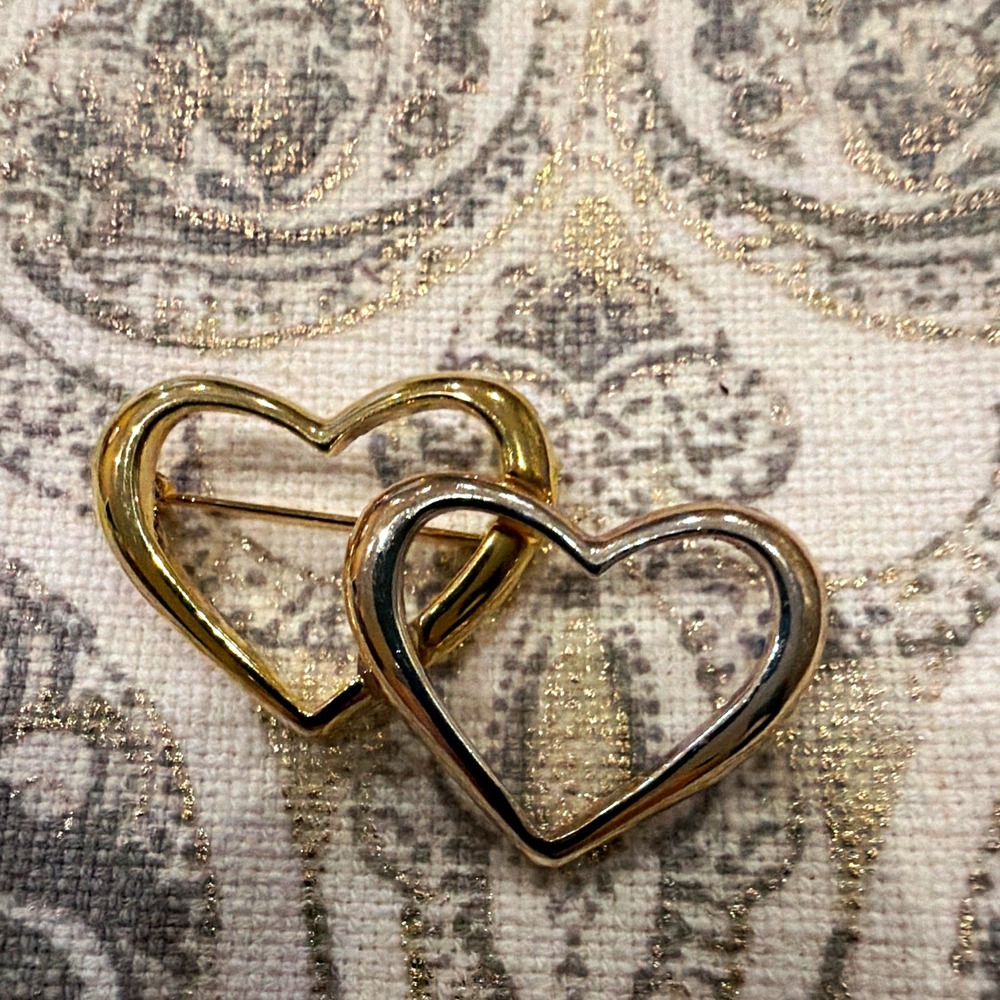 Two-Tone Interlocking Open Heart Brooch Pin, Gold & Silver Tone Metal, No Stone
